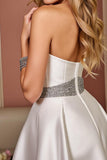 A Line Satin Strapless Short White Bridal Dress with Beading