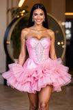 Sparkly Hot Pink A Line Strapless Tiered Short Prom Dress with Ruffle