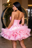 Sparkly Hot Pink A Line Strapless Tiered Short Prom Dress with Ruffle