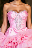 Sparkly Hot Pink A Line Strapless Tiered Short Prom Dress with Ruffle