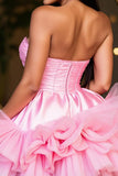 Sparkly Hot Pink A Line Strapless Tiered Short Prom Dress with Ruffle