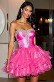 Sparkly Fuchsia Strapless Organza Short Corset Prom Dress with Ruffles