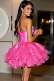 Sparkly Fuchsia Strapless Organza Short Corset Prom Dress with Ruffles