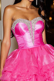 Sparkly Fuchsia Strapless Organza Short Corset Prom Dress with Ruffles