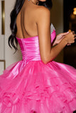 Sparkly Fuchsia Strapless Organza Short Corset Prom Dress with Ruffles