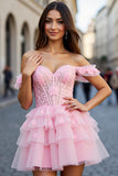 Pink Tulle A Line Tiered Short Corset Prom Dress with Appliques