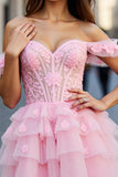 Pink Tulle A Line Tiered Short Corset Prom Dress with Appliques