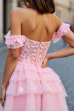 Pink Tulle A Line Tiered Short Corset Prom Dress with Appliques