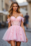 Floral Pink Tulle Off the Shoulder A Line Short Corset Prom Dress