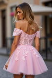 Floral Pink Tulle Off the Shoulder A Line Short Corset Prom Dress