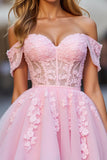 Floral Pink Tulle Off the Shoulder A Line Short Corset Prom Dress