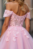 Floral Pink Tulle Off the Shoulder A Line Short Corset Prom Dress