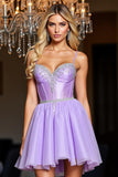 Sparkly Corset A Line Purple Short Prom Dress with Beading