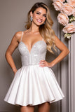 Sparkly Satin A Line White Short Bridal Dress with Beading