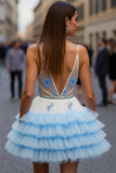 White Blue Flower Short A Line Prom Dress with Ruffles