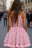 Pink Floral A Line Keyhole Tiered Short Prom Dress with Ruffles