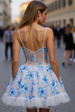 Short White Blue Floral A Line Spaghetti Straps Prom Dress with Ruffles