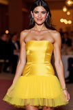 Yellow Short Satin Strapless Tight Prom Dress with Ruffles