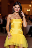 Yellow Short Satin Strapless Tight Prom Dress with Ruffles