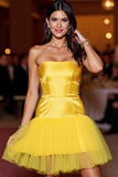 Yellow Short Satin Strapless Tight Prom Dress with Ruffles