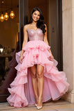 Sparkly Pink A Line High-Low Ruffled Prom Dress with Sequins