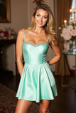 Sparkly Green Satin Spaghetti Straps A Line Short Prom Dress with Beading
