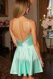 Sparkly Green Satin Spaghetti Straps A Line Short Prom Dress with Beading