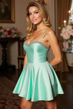 Sparkly Green Satin Spaghetti Straps A Line Short Prom Dress with Beading