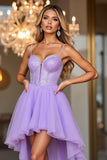 Sparkly Purple Corset Spaghetti Straps Tulle High-Low Prom Dress