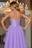 Sparkly Purple Corset Spaghetti Straps Tulle High-Low Prom Dress