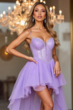 Sparkly Purple Corset Spaghetti Straps Tulle High-Low Prom Dress