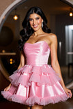 Pink A Line Strapless Satin Tiered Short Prom Dress with Ruffles