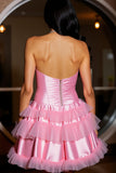 Pink A Line Strapless Satin Tiered Short Prom Dress with Ruffles