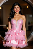 Sparkly Pink Strapless Corset Ruffled Short Prom Dress with Beading