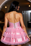 Sparkly Pink Strapless Corset Ruffled Short Prom Dress with Beading