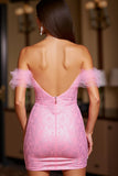 Pink Off the Shoulder Corset Tight Short Prom Dress with Lace