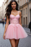 Short Pink Corset Tulle A Line Prom Dress with Lace