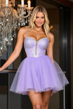 Sparkly Purple A Line Corset Tulle Short Prom Dress with Beading