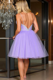 Sparkly Purple A Line Corset Tulle Short Prom Dress with Beading
