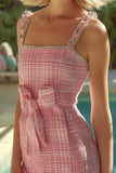 Sparkly Pink Plaid Tight Short Tweed Dress with Bow