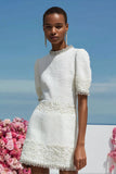 Sparkly White Tight Short Tweed Dress with Pearls