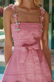 Sparkly Pink Plaid Cami Short Tweed Dress with Rhinestone