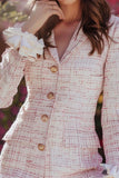 Light Pink Plaid Ruffled Tight Short Tweed Blazer with Buttons