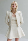 White 2 Piece A Line Tweed Outfits with Sleeves