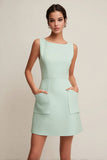 Simple Green Boat Neck Short Tweed Dress with Pockets