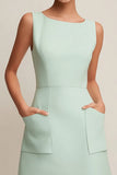 Simple Green Boat Neck Short Tweed Dress with Pockets