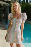 Pink and Blue Tight Puff Sleeves Short Tweed Dress