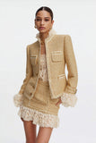 Golden Tight 2 Piece Ruffled Short Tweed Outfits with Lace