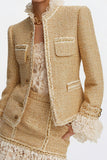 Golden Tight 2 Piece Ruffled Short Tweed Outfits with Lace