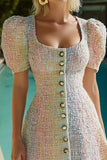Pink and Blue Scoop Neck Short Tight Tweed Dress with Sleeves
